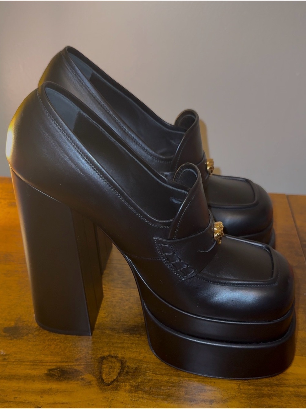 Versace Black Leather Platform Block Heel Loafers with Gold Medusa Accent